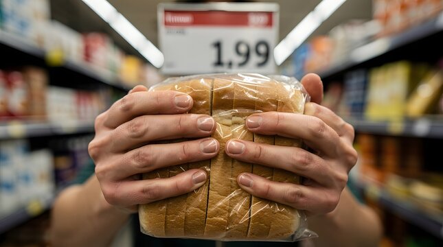 Close-up of a person holding a loaf of sliced bread in a supermarket aisle with a price tag in the background