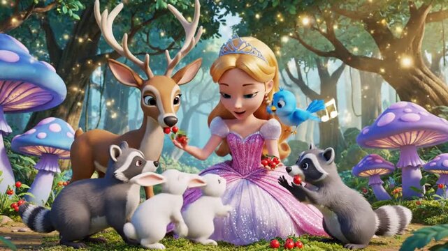 Enchanted Forest Princess with Woodland Animals and Magical Mushrooms