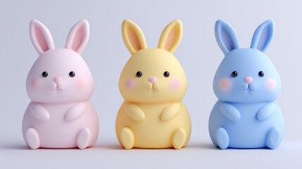 Three Pastel Clay Easter Bunnies in a Horizontal Row on White Background With Soft Studio Light Showcasing Premium Design and Vibrant Colors