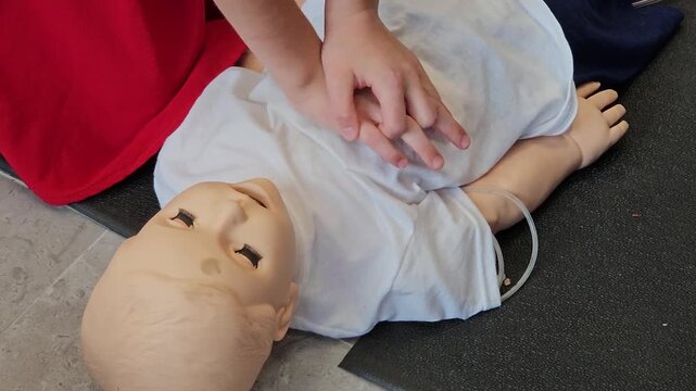 Man and child is helping CPR first aid breath a doll with its chest. The doll is wearing a white shirt
