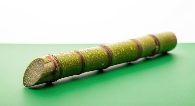 Fresh sugarcane stick with water droplets resting on green and white surface