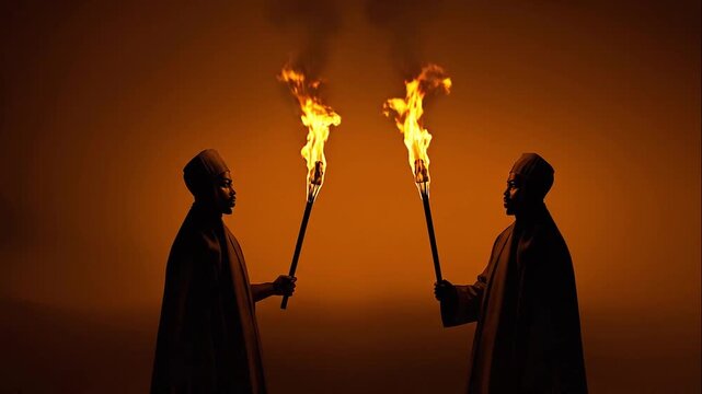 Two silhouetted figures facing each other hold flaming torches against a dark, fiery orange sky, creating dramatic shadows