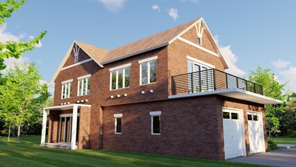 Obraz premium 3D render of a modern two-story red brick suburban family house with double garage and balcony terrace