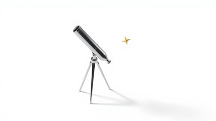 Fototapeta premium Silver telescope rests upon tripod. Small star shines nearby, creating celestial scene. Minimalist composition, clean background.