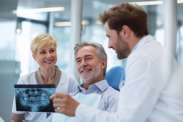 Obraz premium Dentist Discussing a Dental X-ray with a Senior Patient Couple