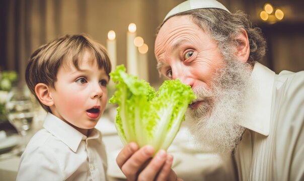 Grandfather explains symbolic maror to his surprised grandson at a Passover Seder celebration, sharing Jewish traditions
