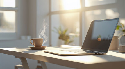 Fototapeta premium Cozy Workspace with Laptop and Coffee Cup in Warm Morning Sunlight