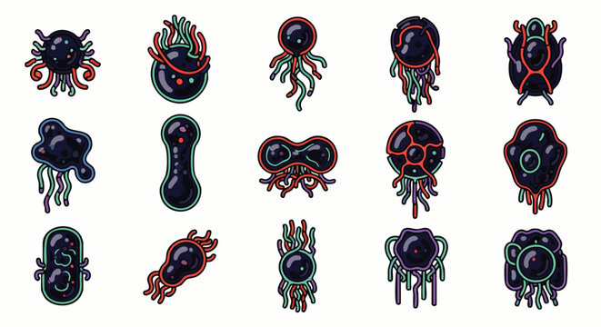 Pixel art collection of dark, mysterious alien microorganisms and virus sprites for retro 8-bit video games or science fiction themes.