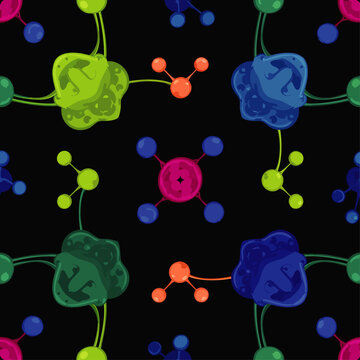 Seamless pattern of colorful cartoon molecules and atoms on a black background, representing science and chemistry
