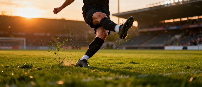 Jogador de futebol chutando bola no campo profissional premium acao esportiva energia