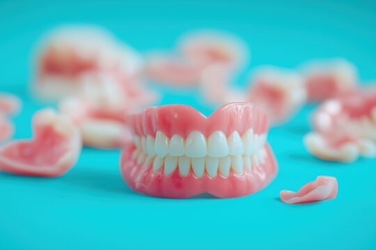 A full set of new dentures among broken denture pieces