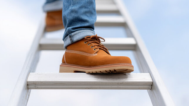 Person wearing brown work boots climbing a metal ladder against a clear blue sky, showcasing footwear and ladder details in an outdoor setting
