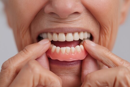 Senior person inserting a lower partial denture into their mouth
