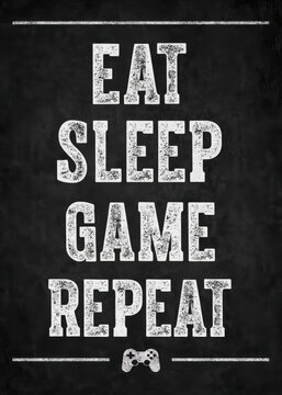 A black poster with a white gaming controller and the words eat sleep game repeat gaming poster gami