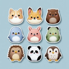 Naklejka premium Kawaii Animal Sticker Set Featuring Nine Cute Animals Arranged in a 3x3 Grid With Sparkling Eyes and Soft Colors for Decoration and Fun Use