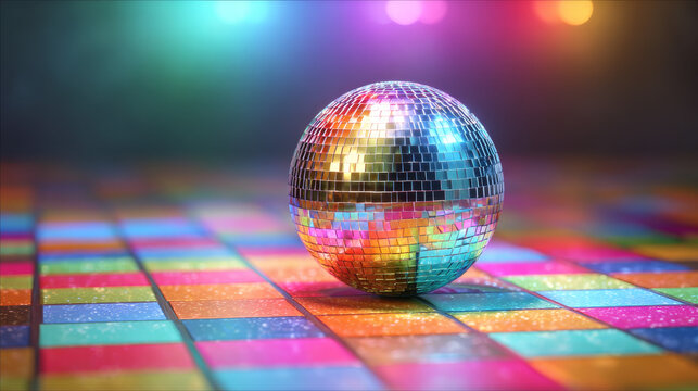 Disco ball shimmering on dance floor with vibrant rainbow lights, energetic music party atmosphere, seamless loop background in 4k resolution