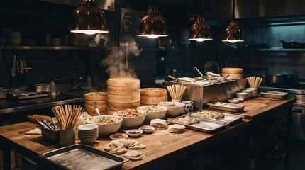 Fototapeta premium Industrial kitchen dumpling preparation station with steaming bamboo steamers, bowls of filling ingredients, dumplings on trays, chopsticks, sauce dishes, and overhead copper lights on wooden table