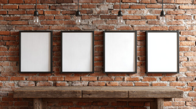 Four blank picture frames mounted on aged brick wall above rustic wooden surface, vintage interior background with empty space for artwork or mockup