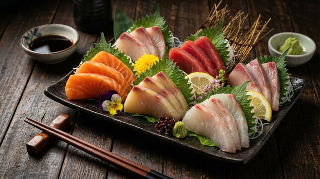 Assorted sashimi platter with slices of salmon, tuna, white fish, garnished with green shiso leaves, lemon slices, wasabi paste, and soy sauce on a black rectangular plate with chopsticks on wooden ta