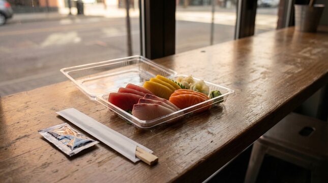 Plastic container with assorted sashimi meal including slices of raw fish, yellow pickled garnish, wasabi, and pickled ginger on wooden table with chopsticks and soy sauce packet near window and metal