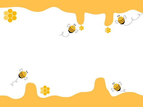 Cute honey bee border template with dripping honey, honeycomb icons, and flying bees on a white background