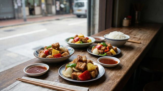 Plated sweet and sour pork served with white rice and dipping sauces on a wooden table by a window, showing a casual restaurant-style meal with street view and natural light