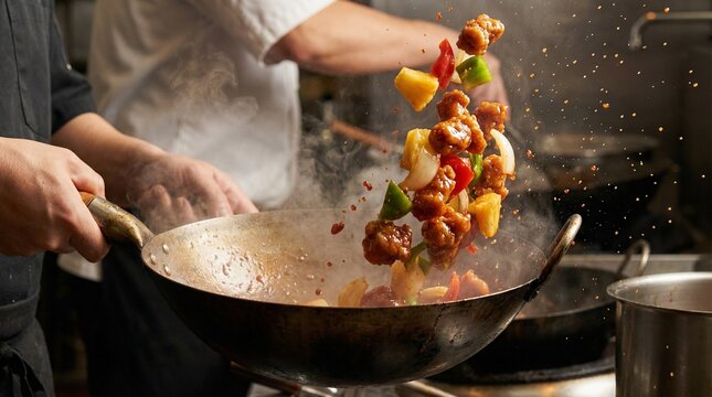Chef stir-frying colorful vegetables and pineapple chunks with crispy meat pieces in a hot wok pan with steam and splashes in professional kitchen