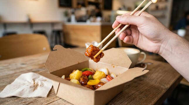 Hand using chopsticks to pick sweet and sour chicken with pineapple chunks and vegetables from a takeout box on a wooden table with coffee cup and napkin