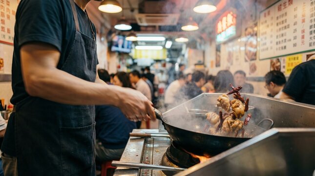 Chef cooking stir-fry in a wok over an open flame in a busy restaurant kitchen with red chili peppers, seated customers, and menu boards in the background