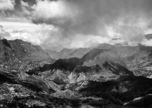 Scenic cloudy landscape of Cirque de Salazie, La Reunion island, French oversea department, Indian Ocean	