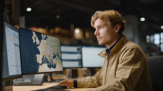 Customs broker reviewing international shipping manifests across multiple monitors, tariff codes and country regulations displayed, complex documentation requirements for cross-border freight