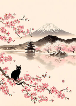 a black cat sitting on a branch with pink flowers and a mountain in the background with a pagoda asi