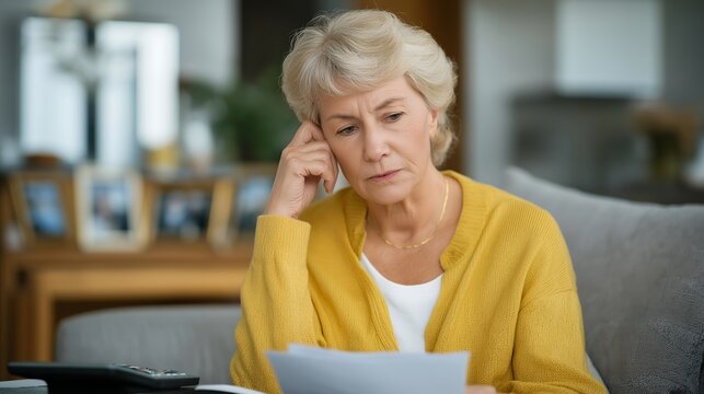 Elderly woman reviewing pension statements alone in modest living room with calculator and concerned posture beside framed family photos, ideal for retirement planning stress concerns, and modern