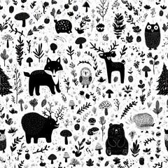 Naklejka premium Charming Doodle Pattern With Forest Animals and Plants Featuring a Fox, Deer, Bear, Owl, Rabbit, Hedgehog, Mushrooms, and Leaves in Black Ink