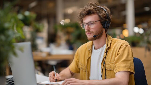 Founder conducting video call with early adopter in vibrant coworking space while taking detailed notes on customer pain points, perfect for user research keywords and contemporary feedback theme
