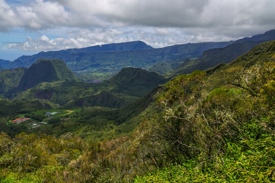 Scenic cloudy landscape of Cirque de Salazie, La Reunion island, French oversea department, Indian Ocean	