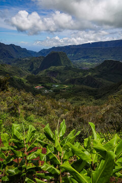 Scenic cloudy landscape of Cirque de Salazie, La Reunion island, French oversea department, Indian Ocean	