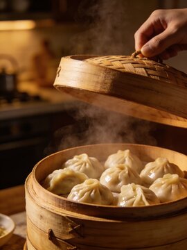 Steamed dumplings served in a traditional bamboo steamer basket with steam rising and hand lifting the lid in warm wooden kitchen setting