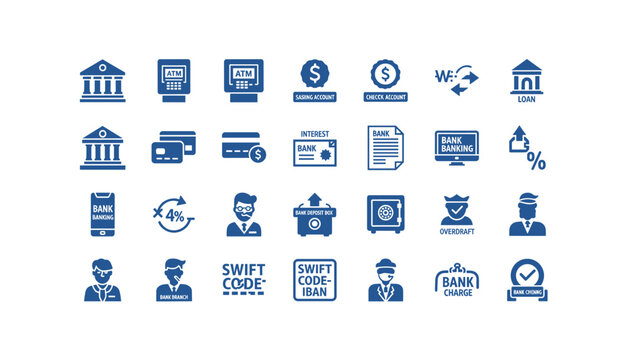 Collection of blue bank and finance icons for business and investment