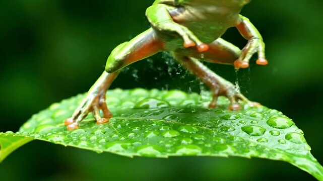 A vibrant green frog perched on a wet leaf in a serene setting.