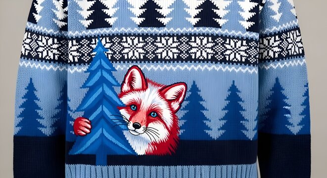 Ugly Christmas Sweater with Fox and Trees Pattern