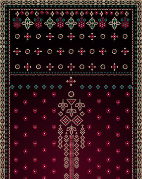 Traditional Indian Bandhani tie-dye fabric pattern with ornate floral motifs. Dark red ethnic textile design featuring dotted chunri print borders