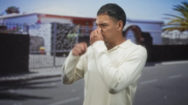 Man pinches nose in white sweater on a residential street while reacting to a strong odor; disgust odor.