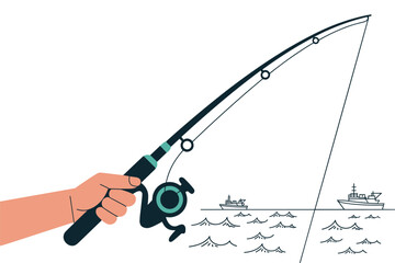 Fototapeta premium Hand holding fishing rod attempting to catch military ships with copy space, conceptual surreal concept