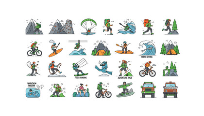 Fototapeta premium Vibrant adventure icons for travel and outdoor enthusiasts in action
