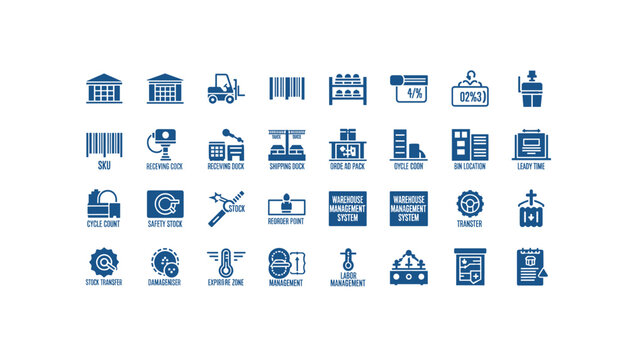 Warehouse management icons for logistics and inventory control systems