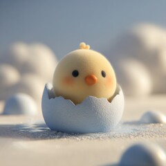 Obraz premium Cute Baby Chick Made of Clay Breaks Free From a Pale Blue Eggshell With Soft Light Shining on It