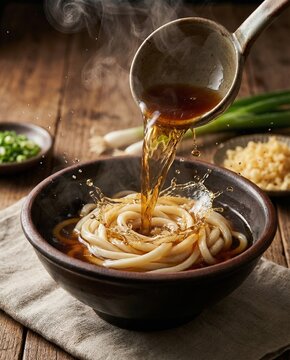 Steaming bowl of thick udon noodles with hot brown broth being poured from ceramic ladle on rustic wooden table with green onions and tempura bits