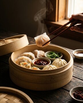 Steamed dumplings served in a bamboo steamer basket with dipping sauces and chopsticks lifting a hot dumpling with steam rising on a wooden table by natural window light