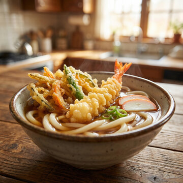 Steaming bowl of tempura udon with crispy shrimp and vegetable tempura, thick udon noodles, kamaboko fish cake slices, and green onions in savory broth served in ceramic bowl on wooden table in kitche